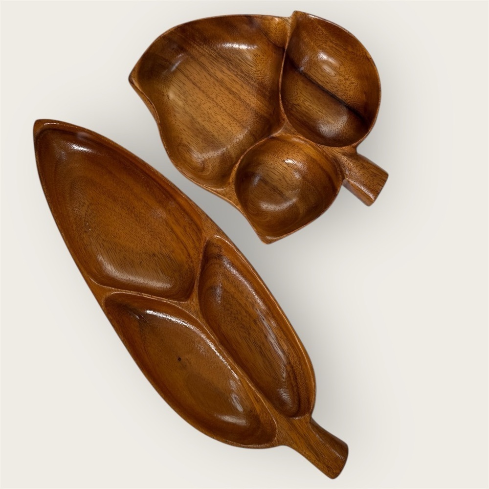 MCM vintage monkey pod wood leaf shape, serving bowl
